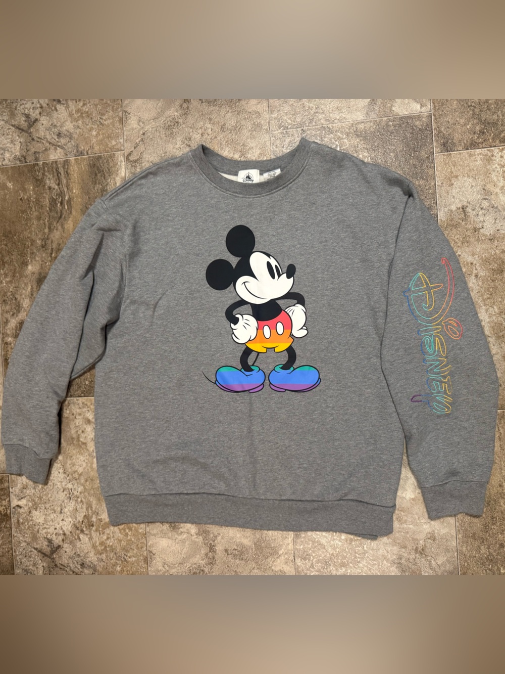 Disney Gray Crewneck Sweatshirt with Rainbow Mickey Graphic